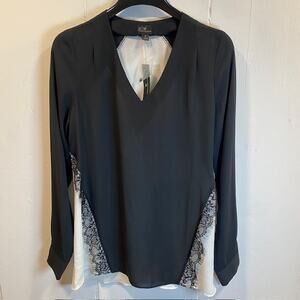 Worthington Black Ivory Lace Long Sleeve Vneck Top Blouse Women Medium New w Tag